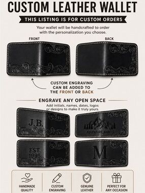 CUSTOM LEATHER Hand-Tooled Leather Bifold Wallet Design BLACK